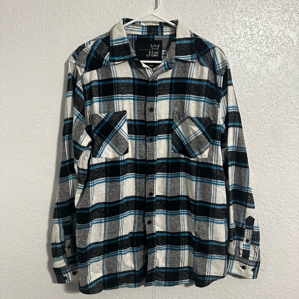 Blue Crown Men's Casual Plaid Shirt - Black, Blue, and White